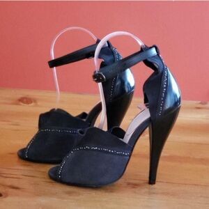 Rebecca Taylor Leather Suede Ankle Strap Peep Toe Embellished Shoes Heels Size 6